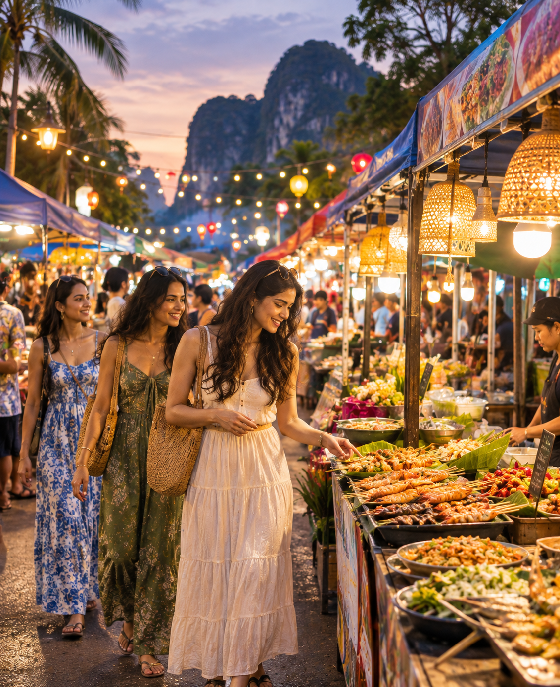 Lantern-lit stalls at the Ao Nang night market in Krabi
