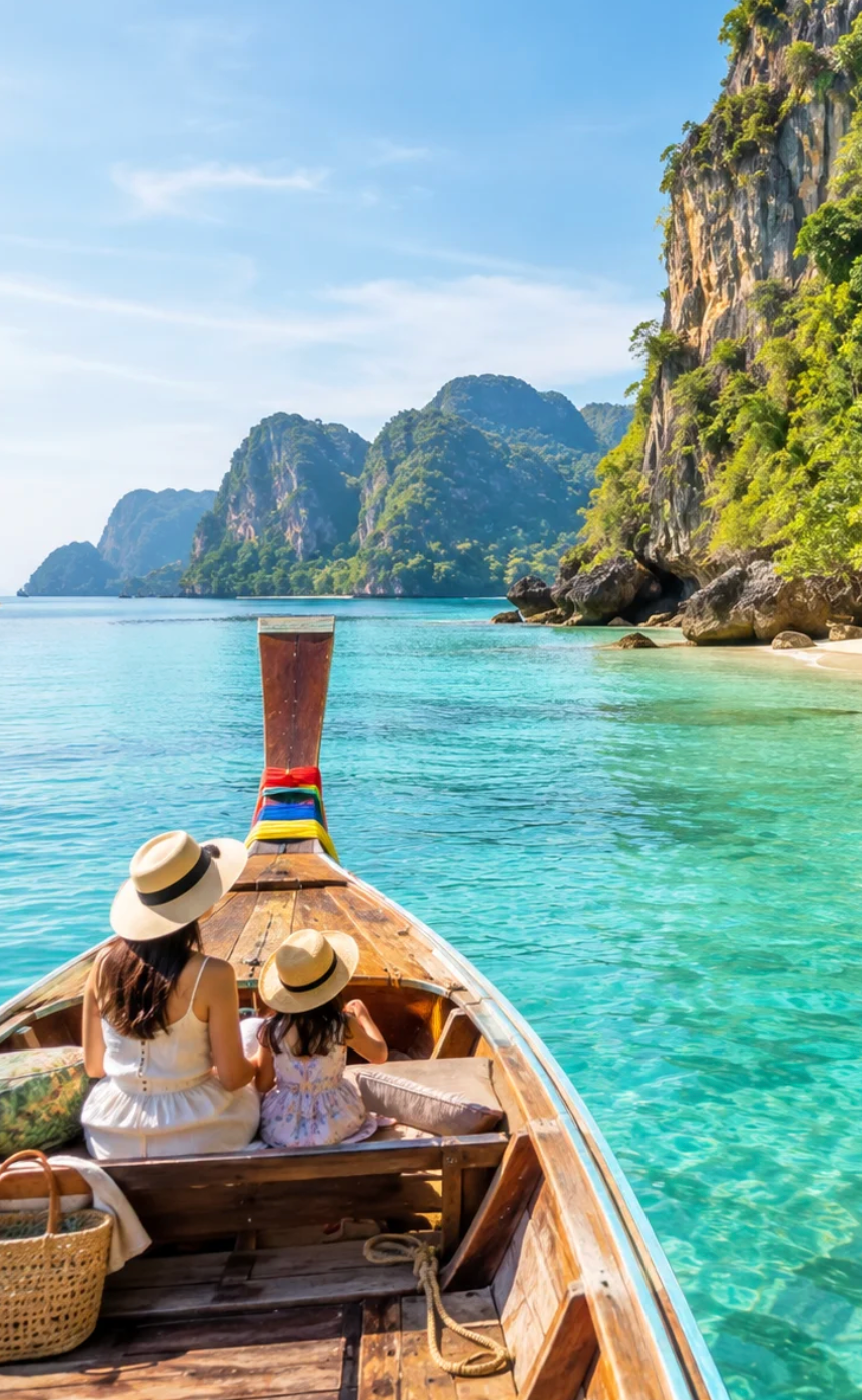 A private longtail boat approaching a calm, shallow-water island near Phuket