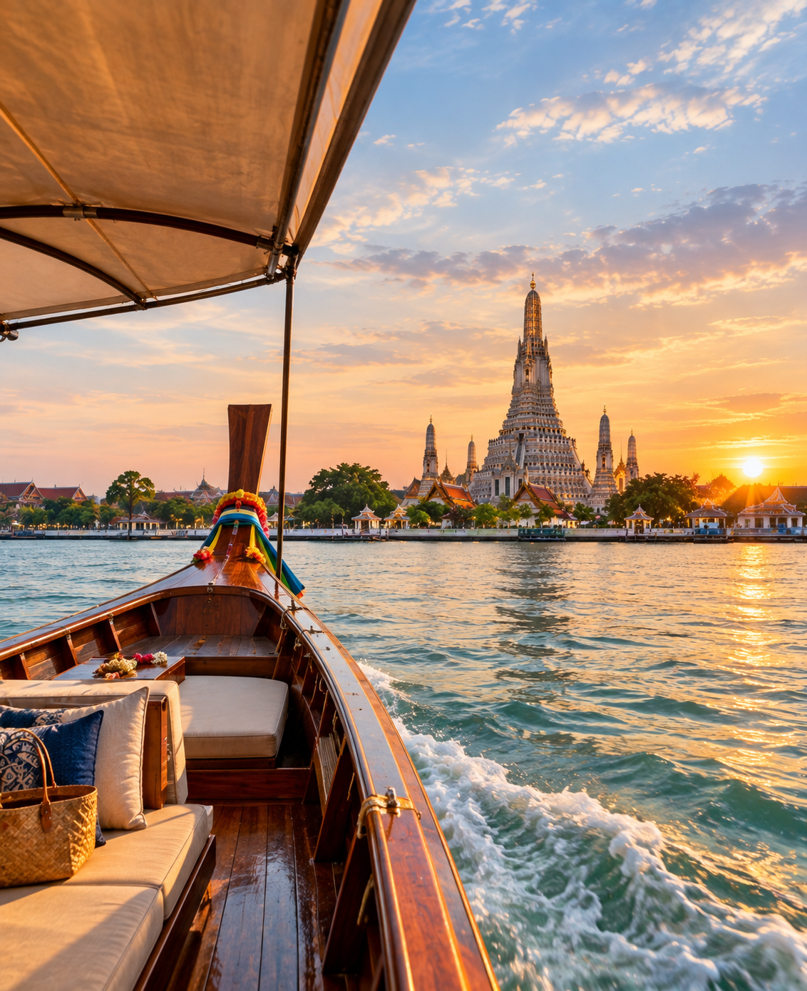 Private longtail boat on the Chao Phraya River near Wat Arun, Bangkok