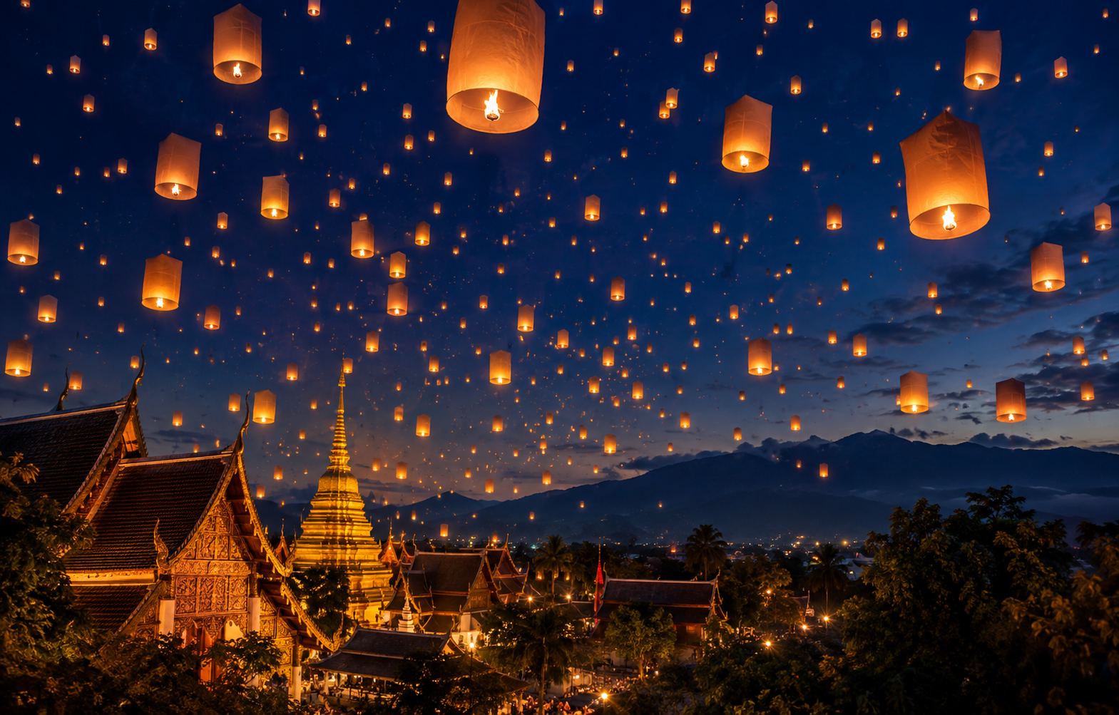 Chiang Mai lantern festival tour package — thousands of khom loi sky lanterns rising over the Old City at night