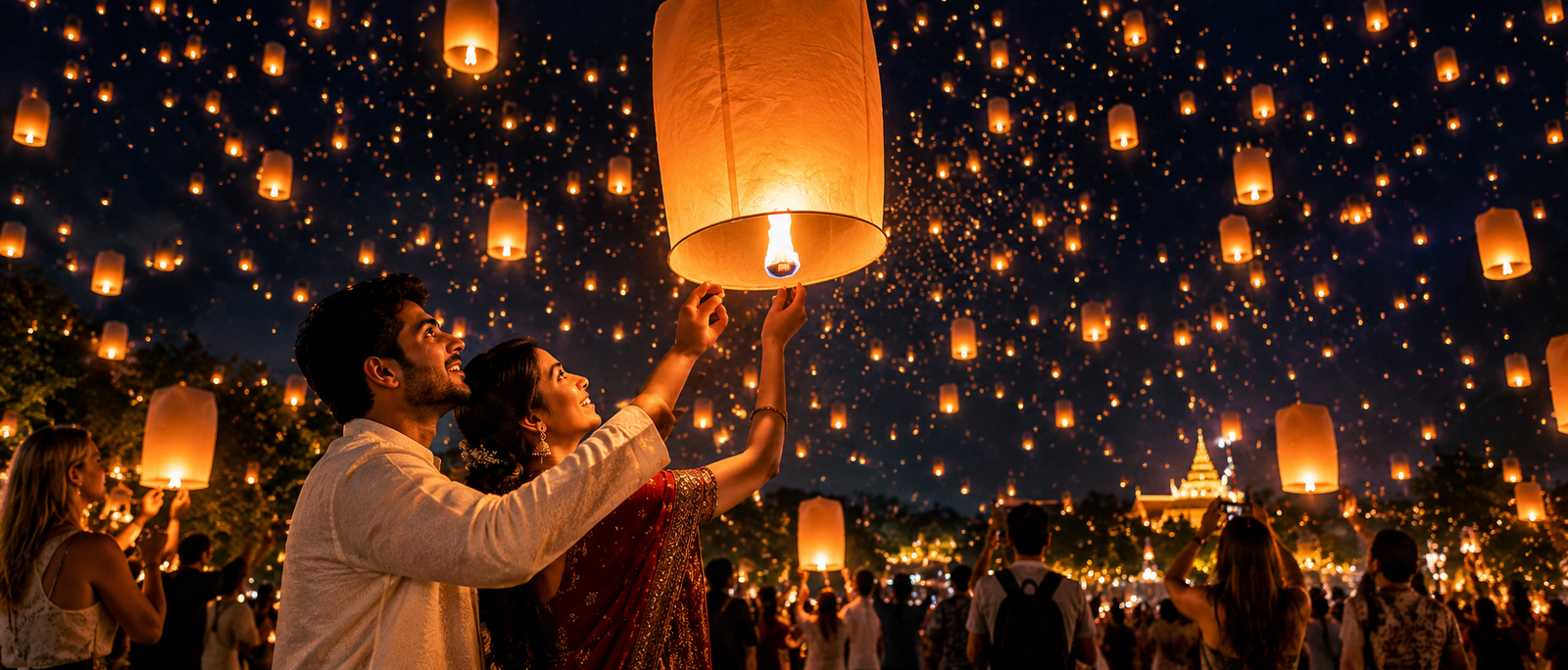 Sky lanterns rising over Chiang Mai during the Yi Peng festival
