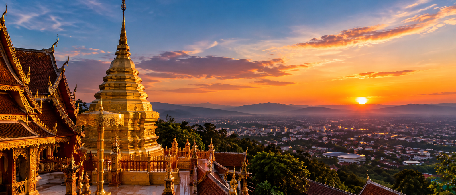 Doi Suthep temple overlooking Chiang Mai at sunset