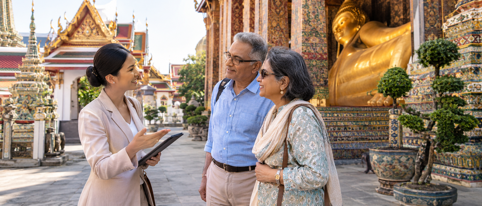 Private tour manager guiding travellers at a Bangkok temple