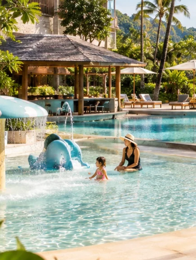 Mother and child at a shallow family pool in a Phuket resort