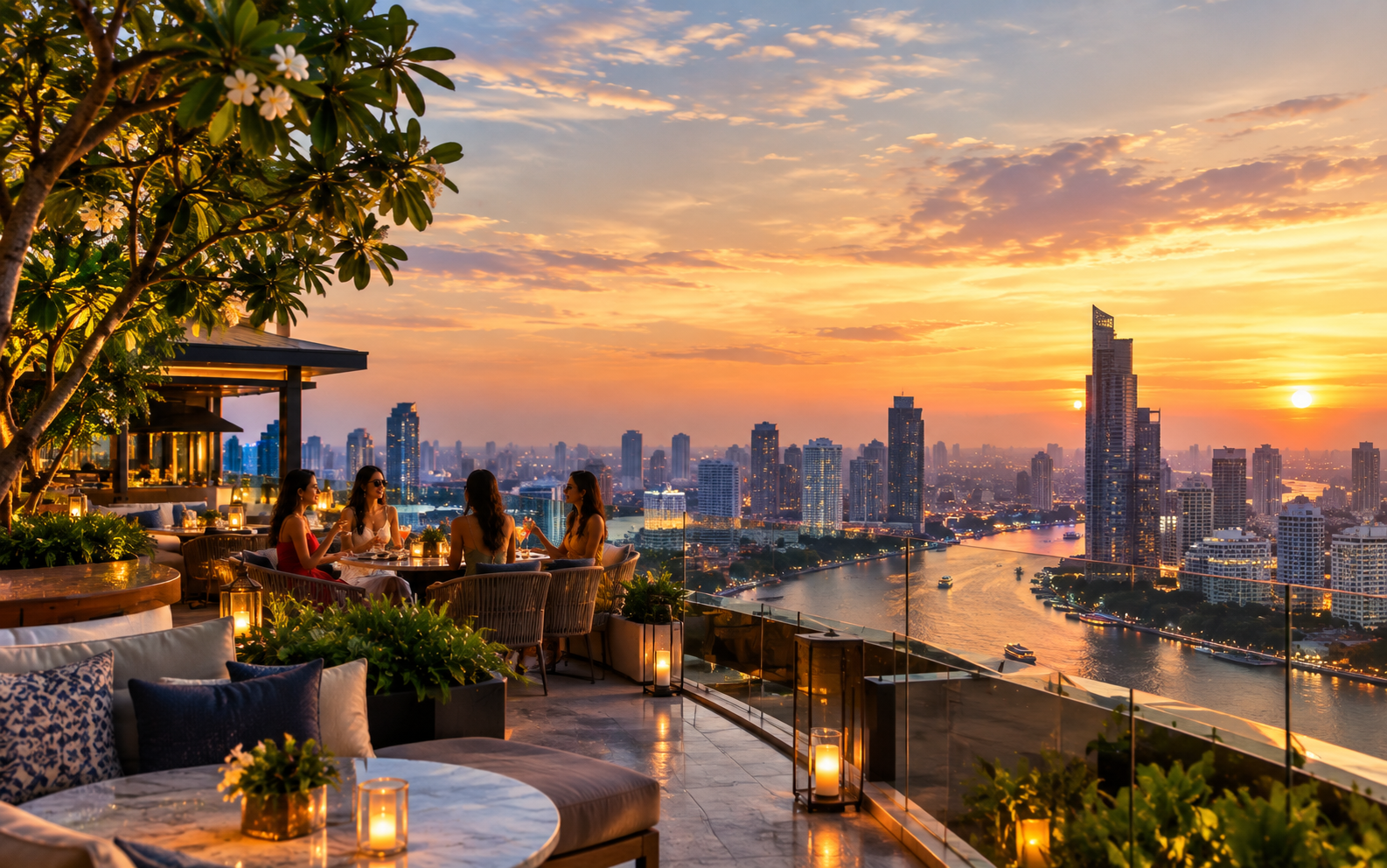 Women watching the sunset from a rooftop bar in Bangkok, Thailand