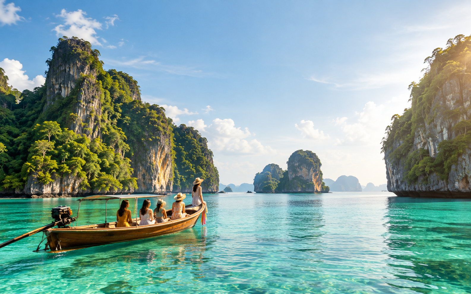 Women on a private longtail boat among limestone islands in the Andaman Sea, Thailand