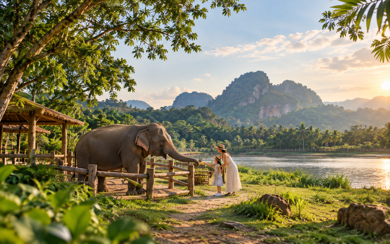A mother and child feeding an elephant at an ethical sanctuary near Phuket, Thailand