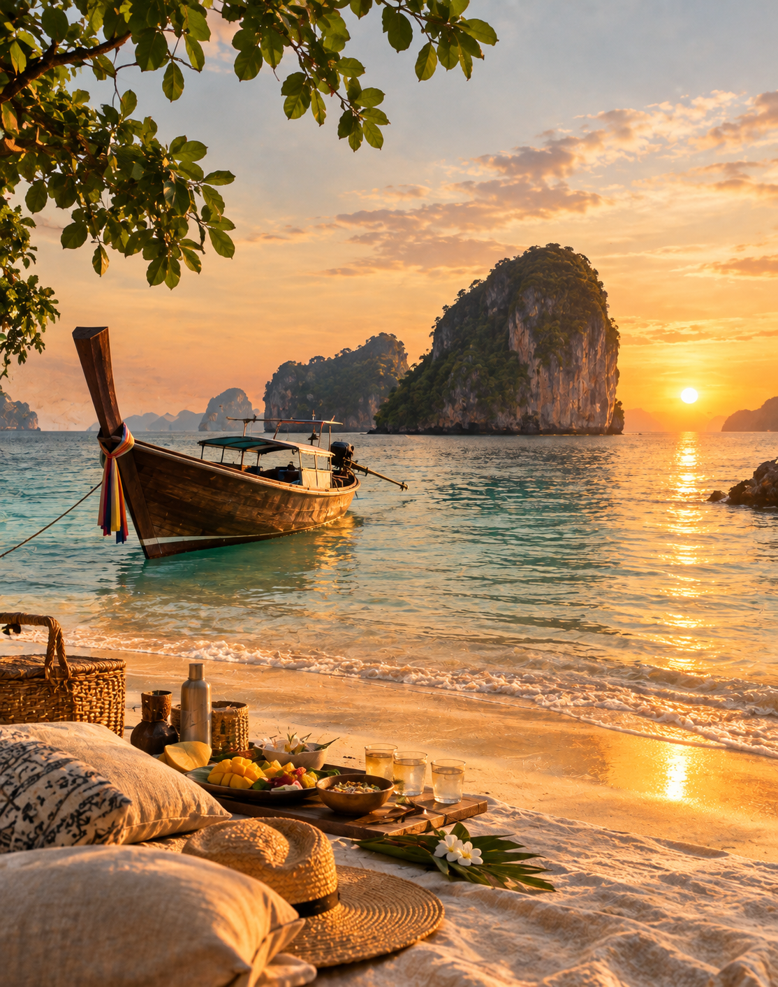 Longtail boat at Railay Beach, Krabi at sunset