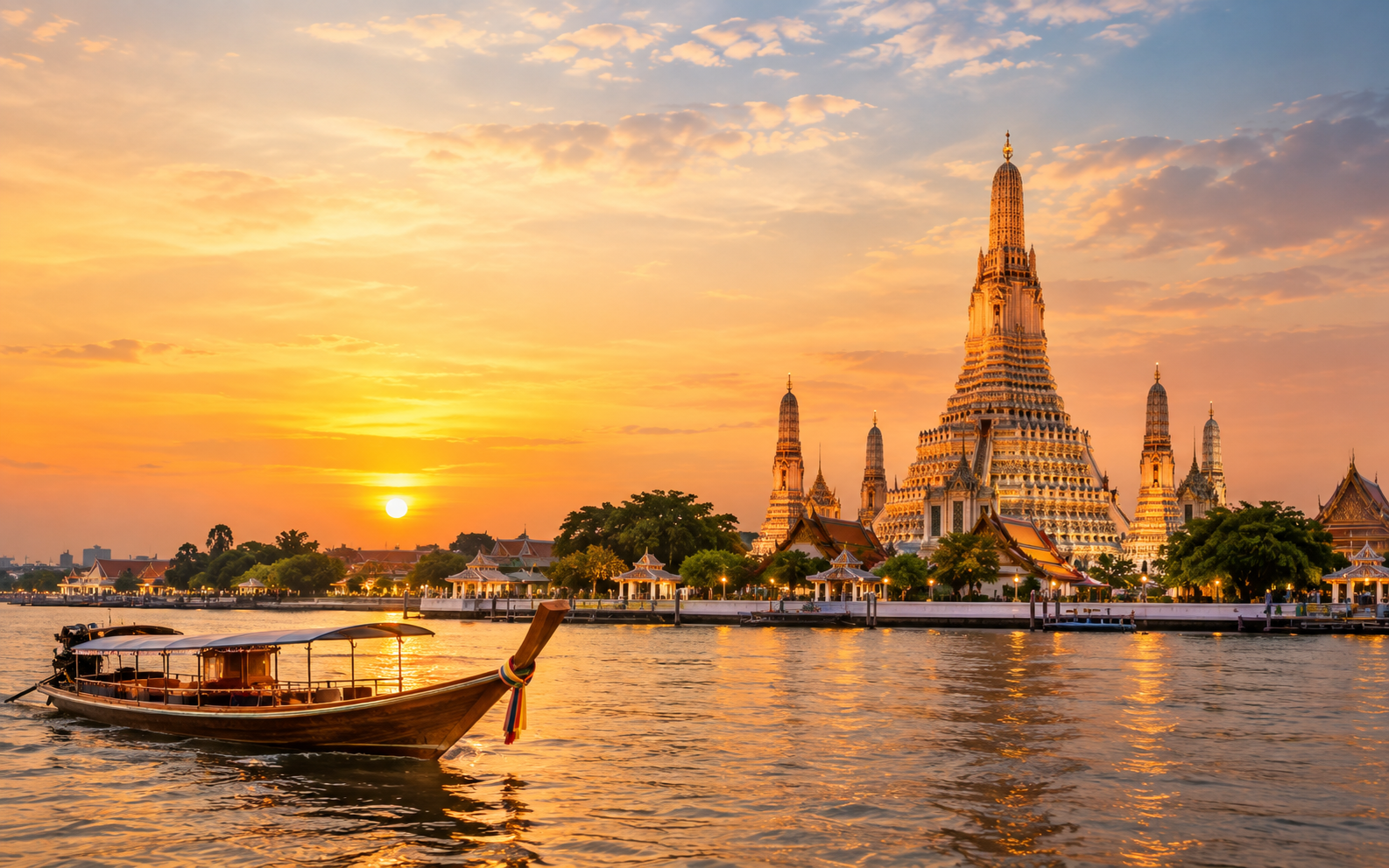 Wat Arun temple beside the Chao Phraya River in Bangkok, Thailand