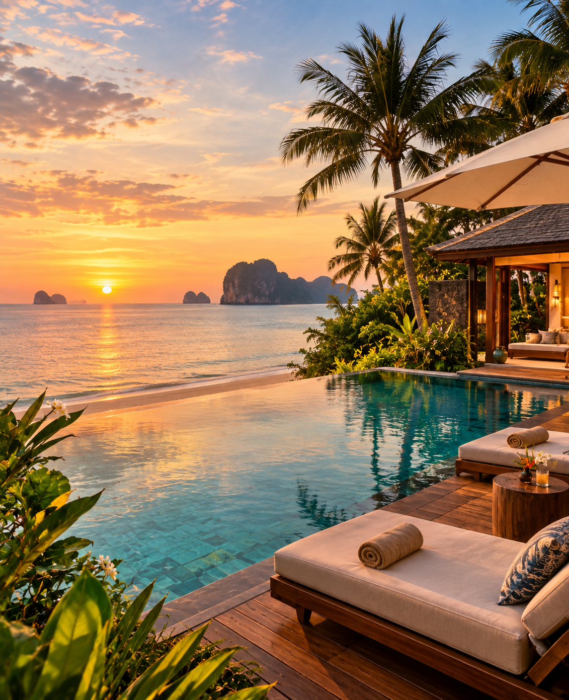 Luxury beachfront resort pool at sunset in Phuket
