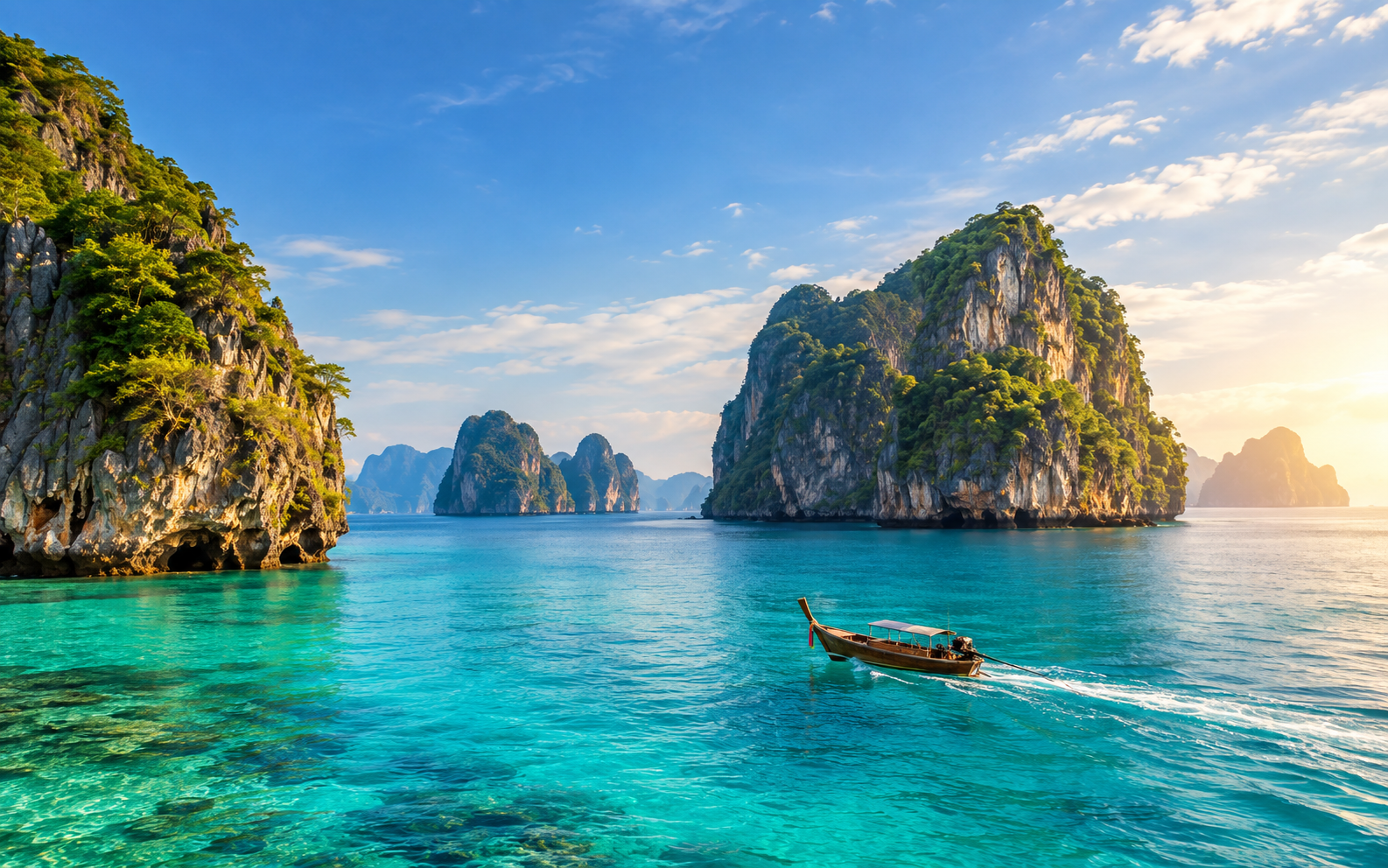 Private longtail boat and limestone islands in the Andaman Sea, Phuket and Krabi