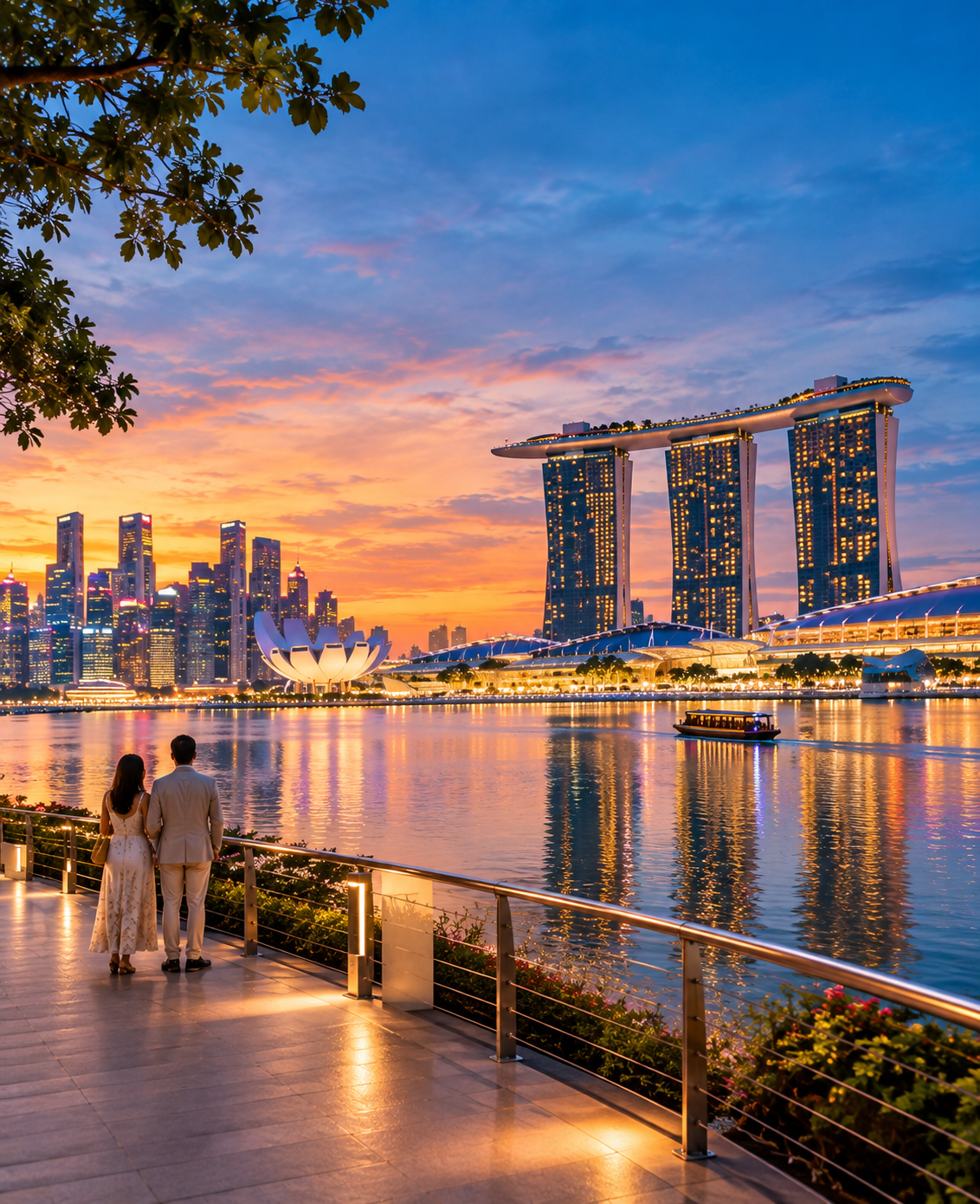 The Marina Bay skyline in Singapore glowing at dusk