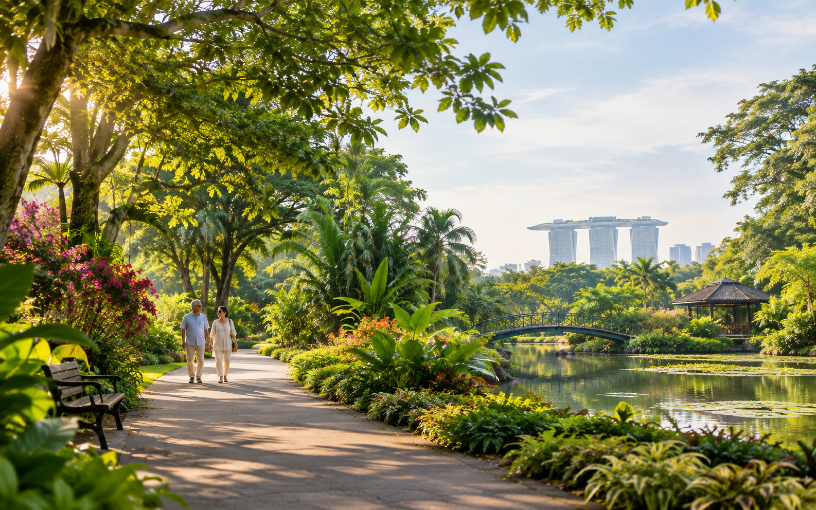 A senior couple walking a shaded garden path at the Singapore Botanic Gardens