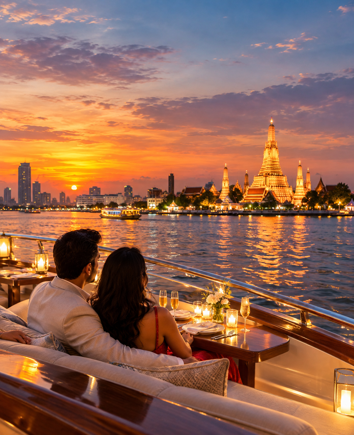 A riverside dinner table overlooking the Chao Phraya river in Bangkok