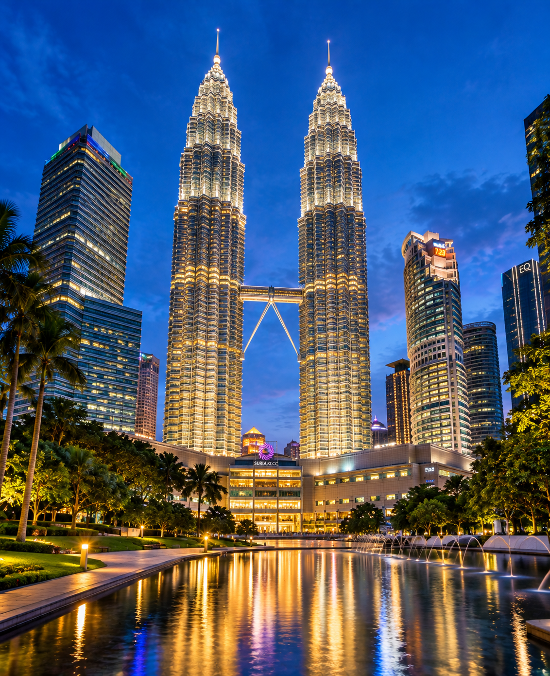 The Petronas Twin Towers in Kuala Lumpur lit up at night