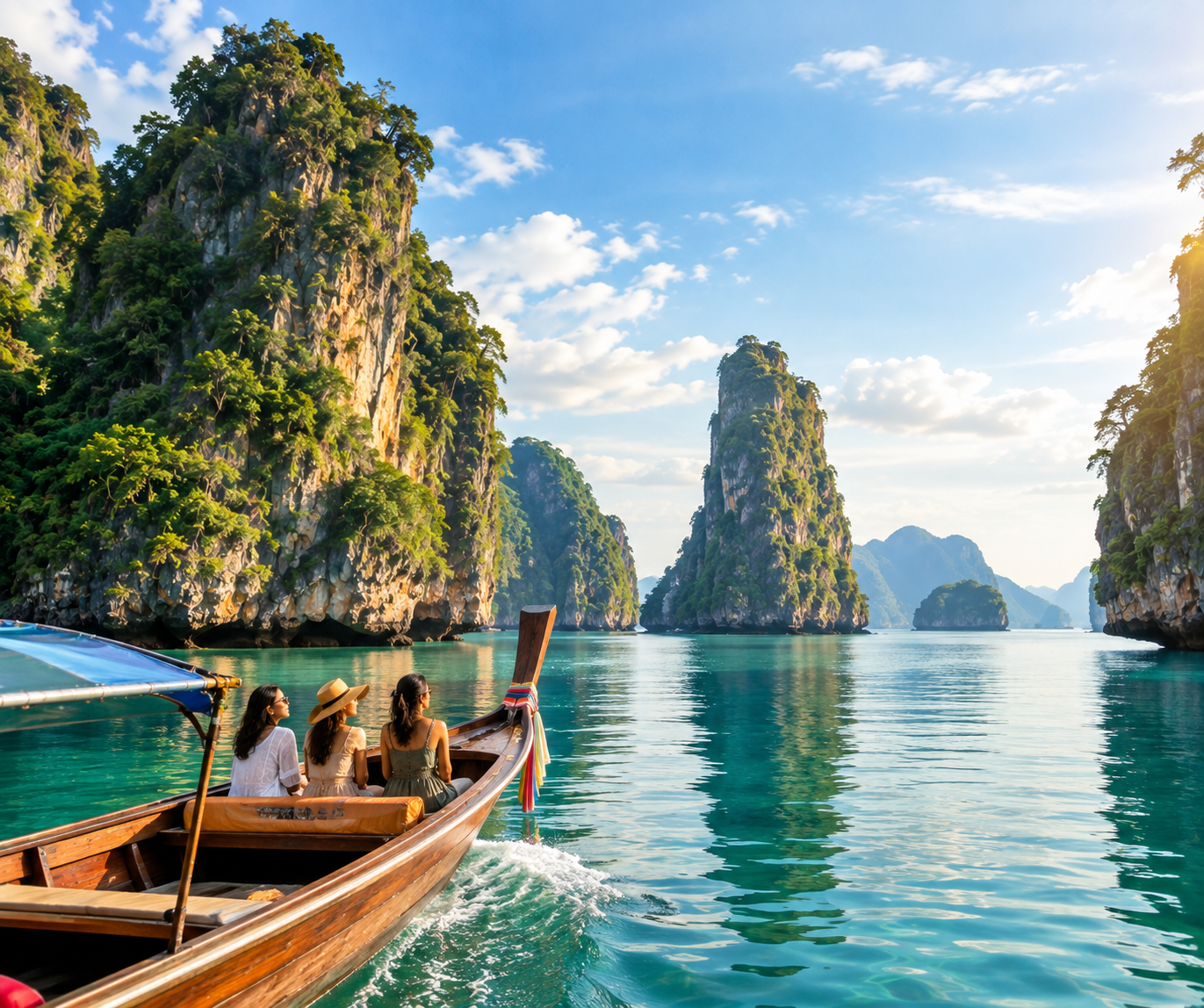 Longtail boat among limestone karsts in Phang Nga Bay, Thailand