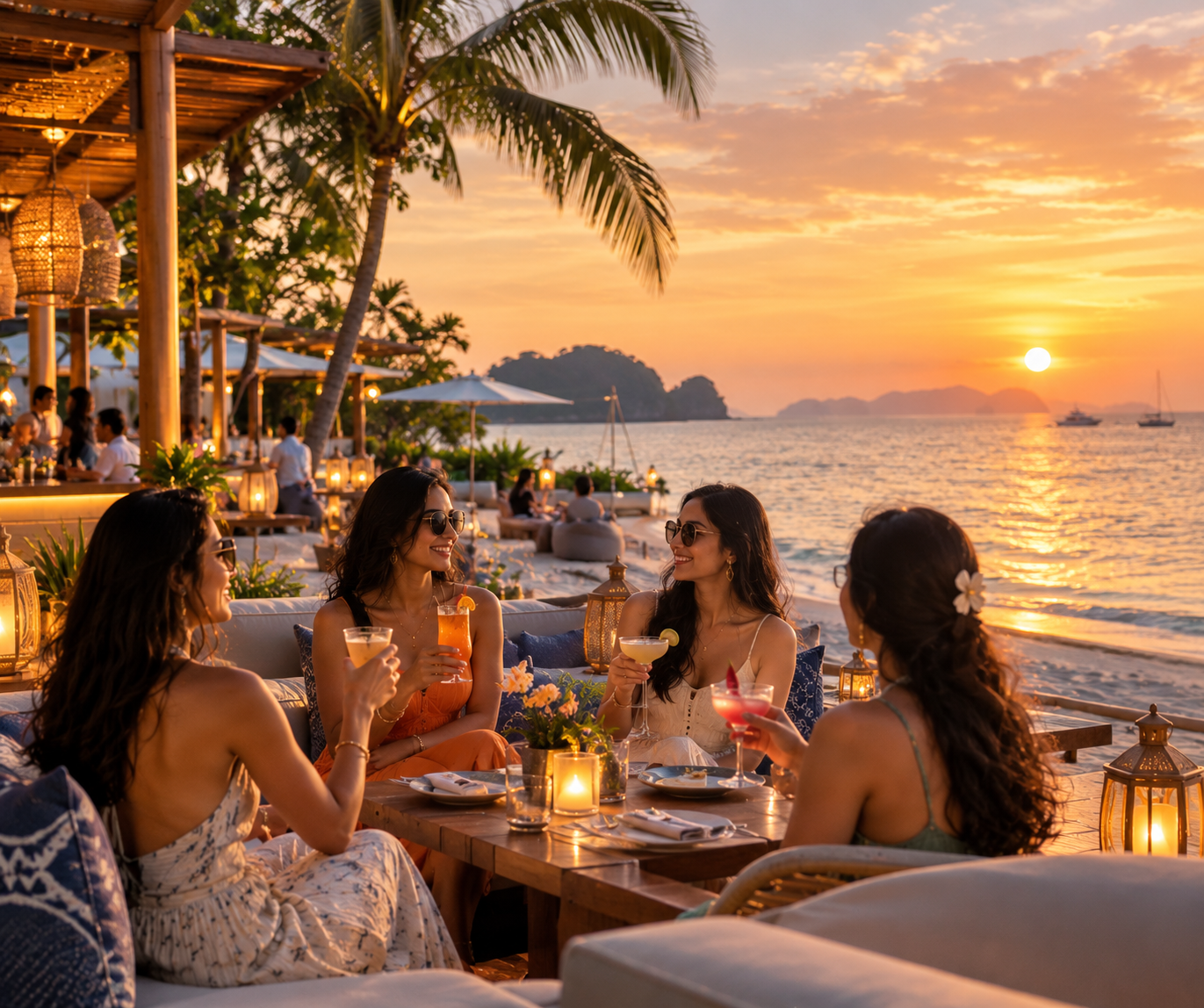 Friends at a beach club on Phuket at sunset