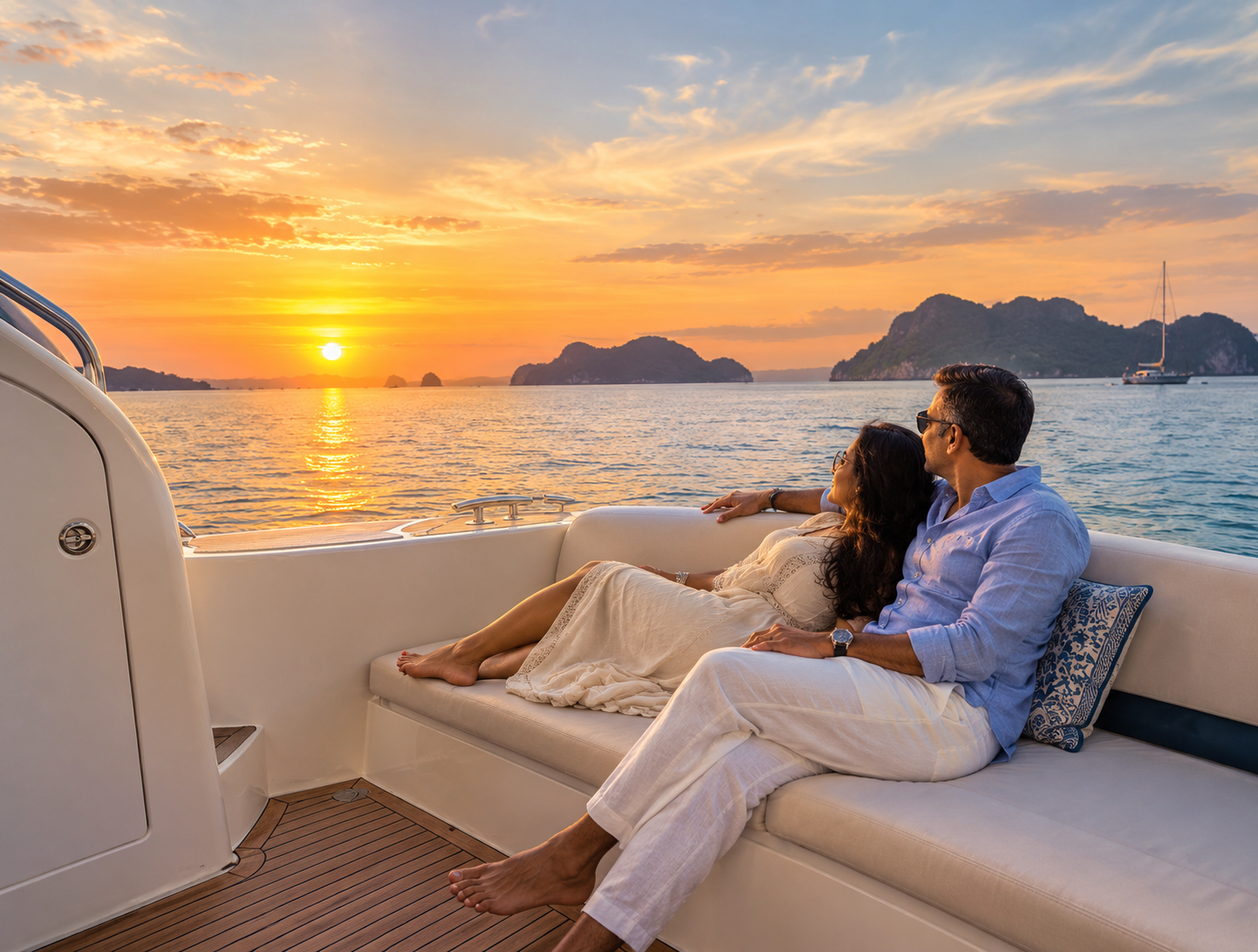 Phuket tour package for couple — private longtail boat off Phi Phi Island at golden hour