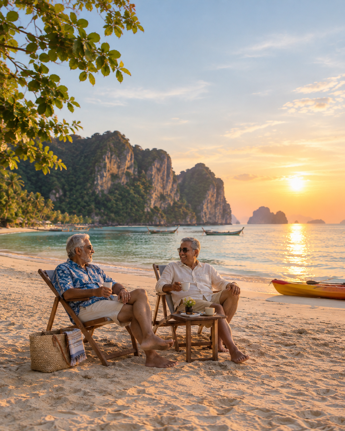Two senior citizen relaxing in the beach