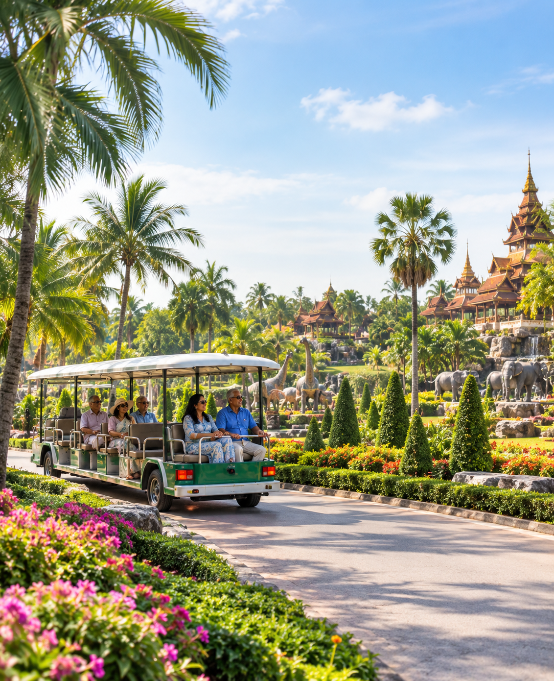Senior travellers on a garden tram tour at Nong Nooch Tropical Garden, Pattaya