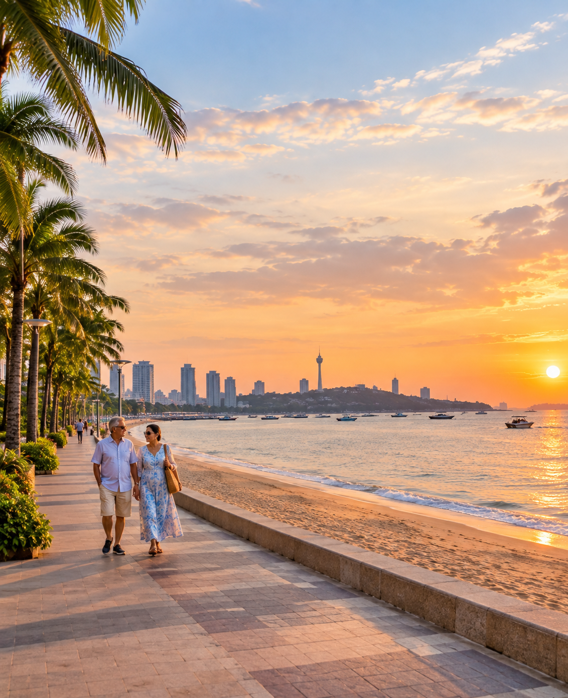 An elderly couple on an unhurried seafront walk in Pattaya, Thailand
