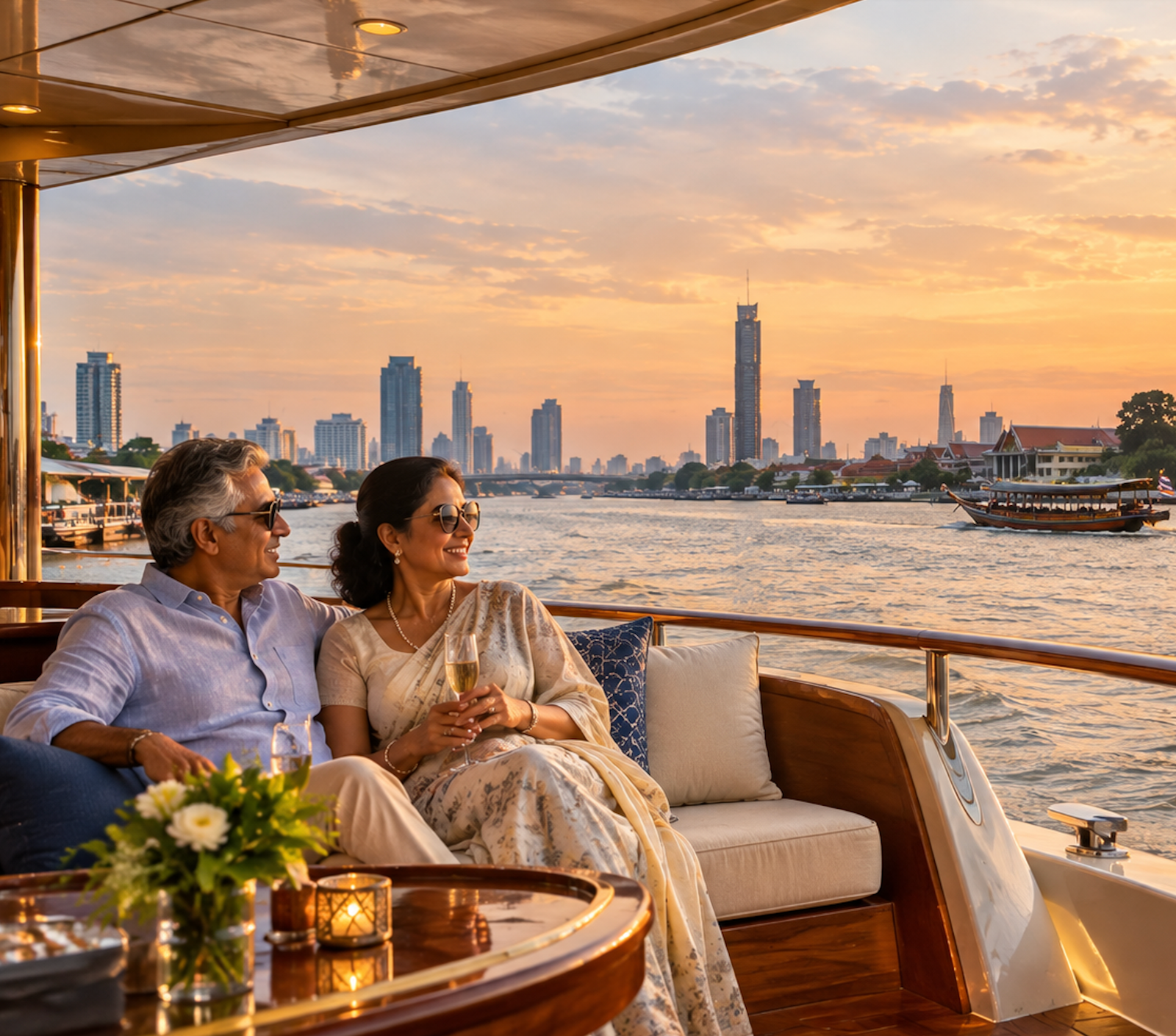 A senior couple on a seated Chao Phraya river cruise at sunset in Bangkok