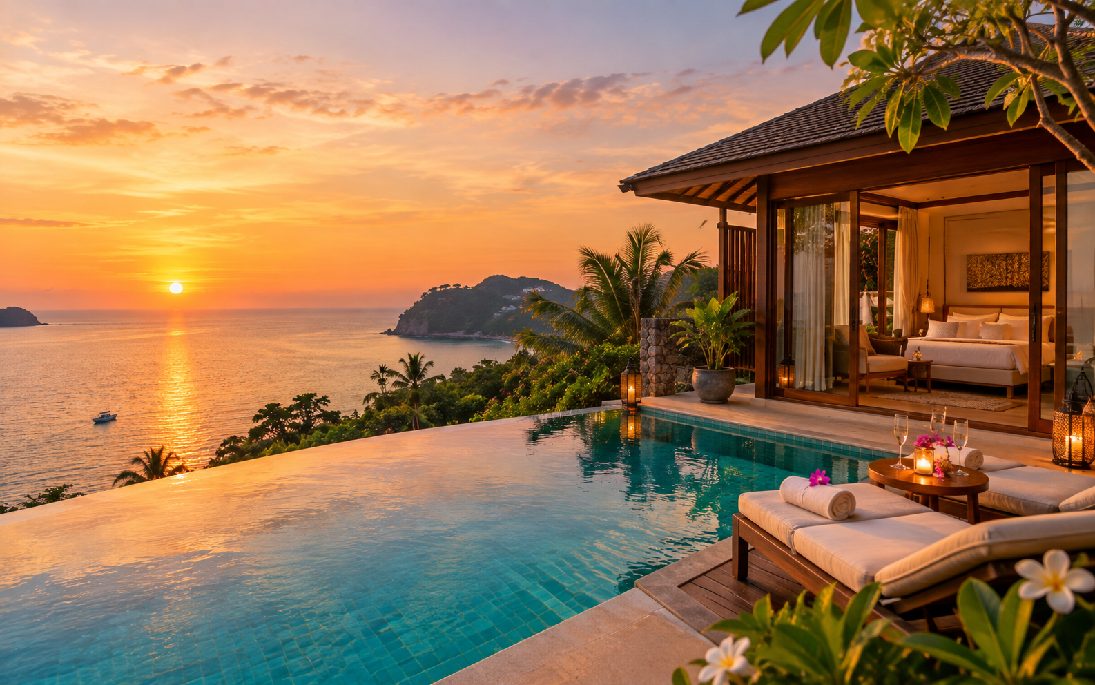 Thailand honeymoon tour package — private pool villa over the Andaman Sea at sunset