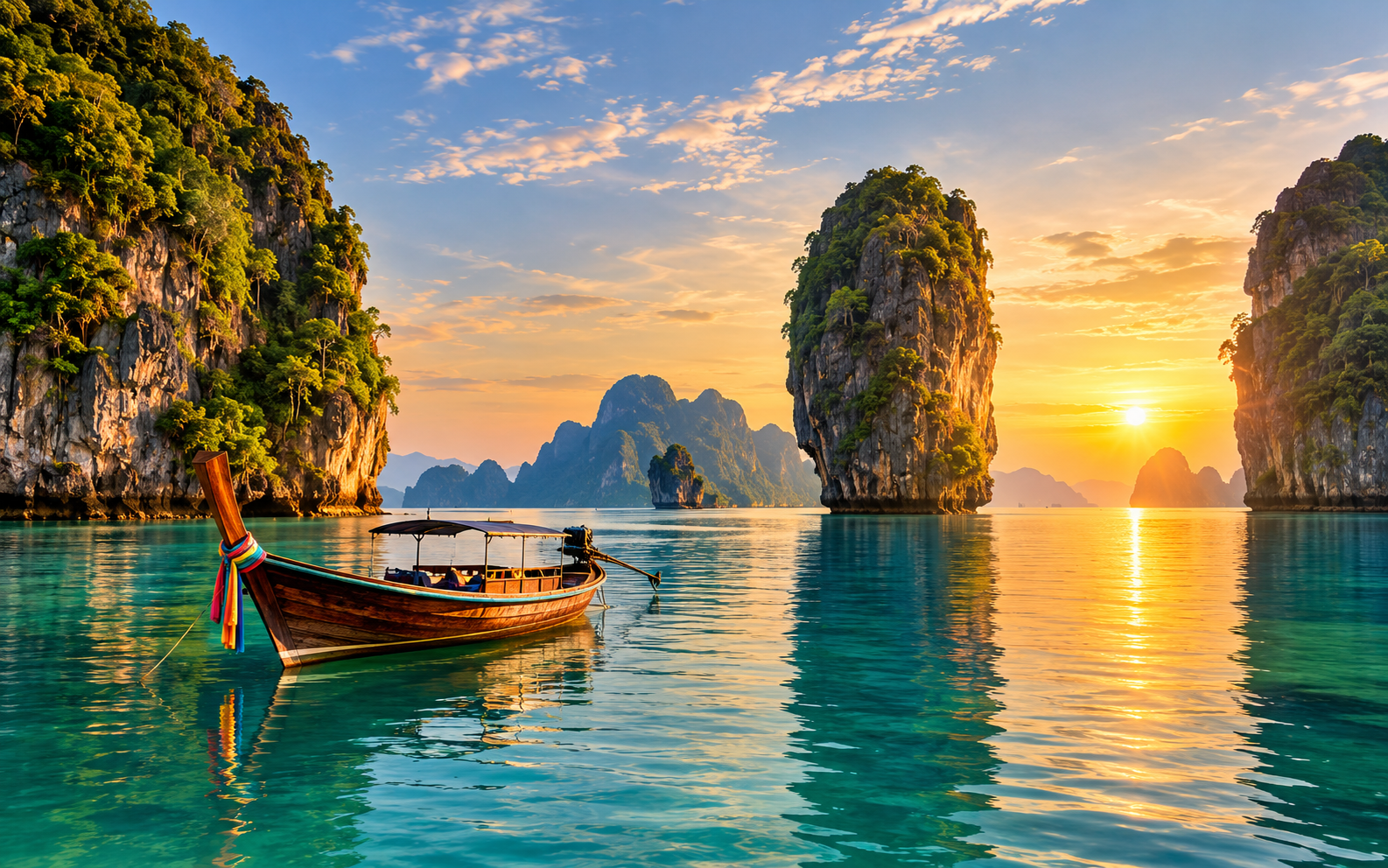 Thailand tour packages from Kolkata — private longtail boat on the Andaman Sea at golden hour