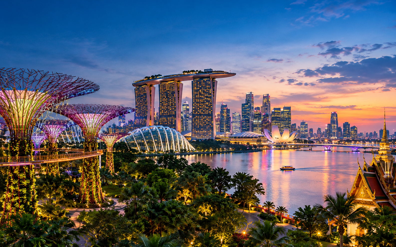 The Supertree Grove at Gardens by the Bay in Singapore, lit up after dark